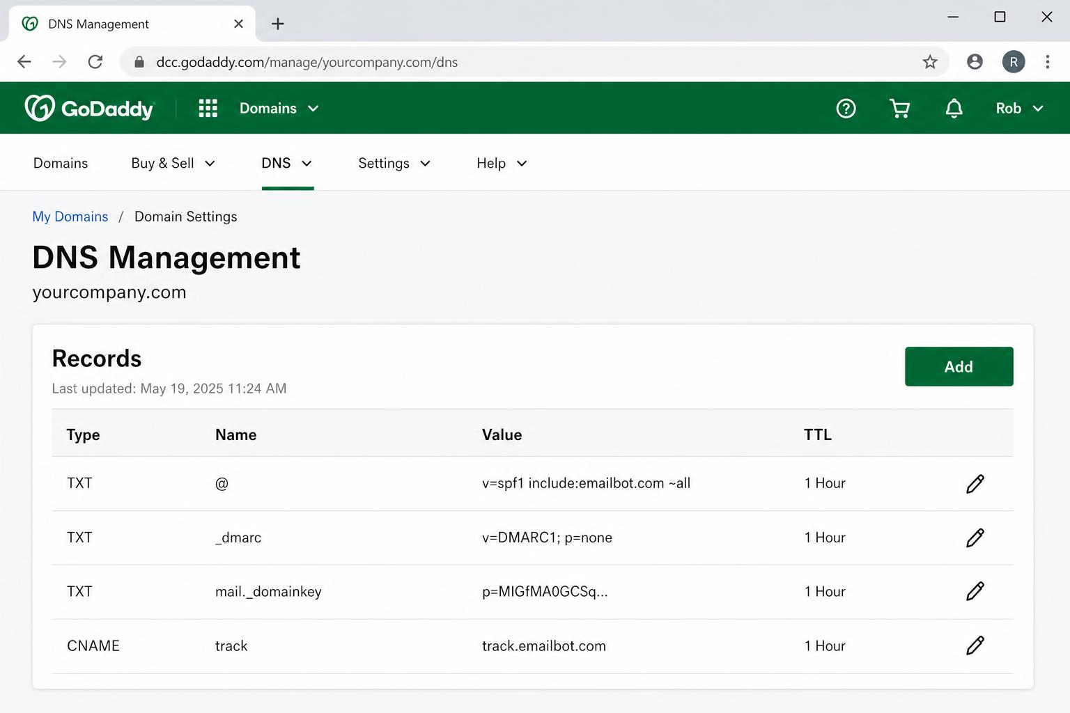 GoDaddy DNS Management page showing TXT records for SPF, DMARC, DKIM and a CNAME for click tracking with 1 Hour TTL