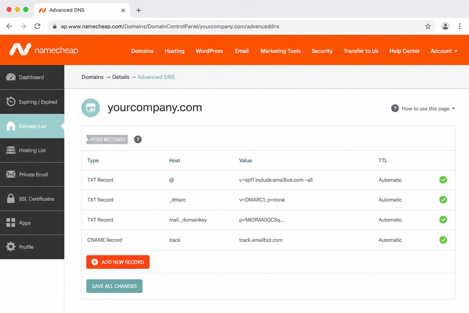 Namecheap Advanced DNS Host Records showing SPF, DMARC, DKIM TXT records and a CNAME track record with green checkmarks